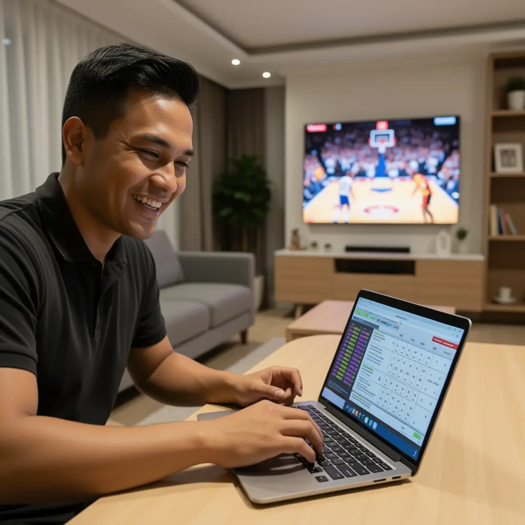 jili696 Bet – Enjoy smooth and reliable sports betting anytime in the Philippines Focused Filipino sports bettor placing live basketball bets on a laptop with jili696 while watching a game on TV in a stylish home setting