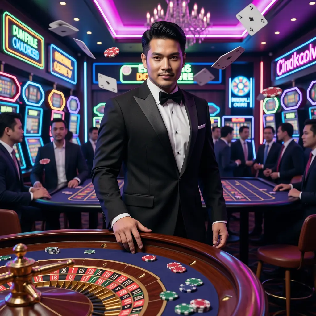 jili696 – Discover thrilling live casino action for players in the Philippines Stylish live casino dealer standing by a roulette wheel with vibrant lighting and floating chips representing the premium jili696 online casino experience in the Philippines